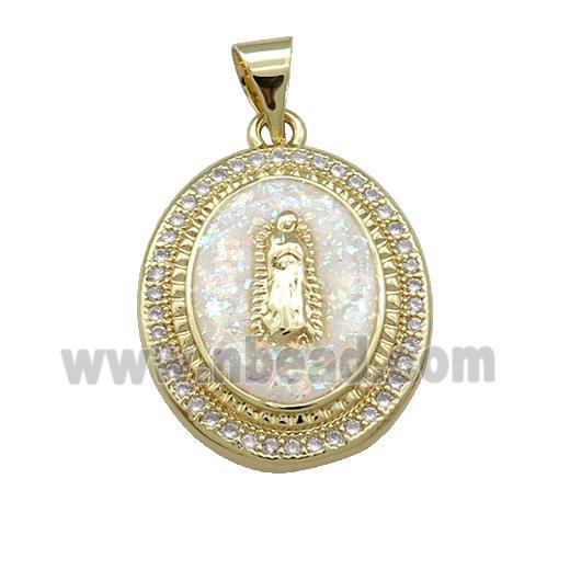 Jesus Charms Copper Oval Pendant Pave White Fire Opal Zircon Medal 18K Gold Plated