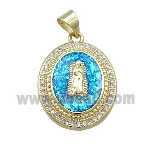 Jesus Charms Copper Oval Pendant Pave Blue Fire Opal Zircon Medal 18K Gold Plated