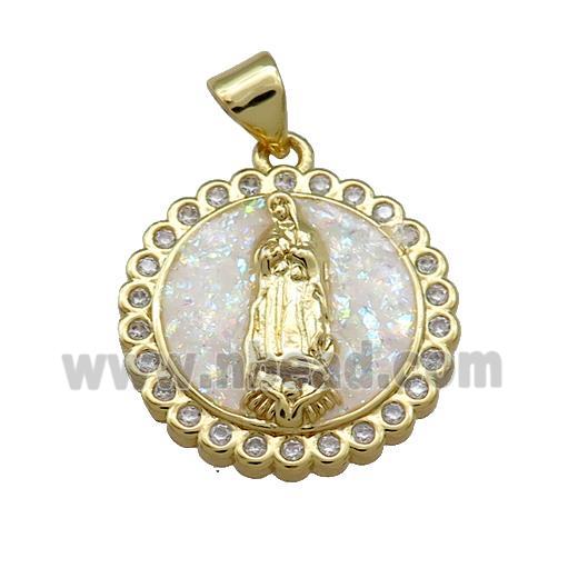 Virgin Mary Charms Copper Circle Pendant Pave White Fire Opal Zircon Medal 18K Gold Plated