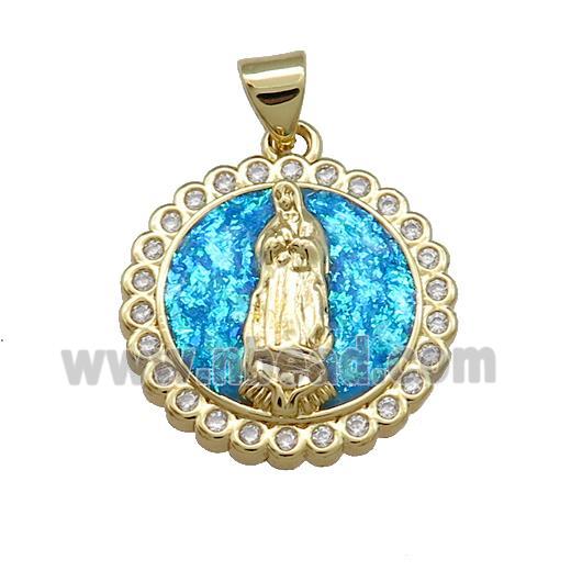 Virgin Mary Charms Copper Circle Pendant Pave Blue Fire Opal Zircon Medal 18K Gold Plated