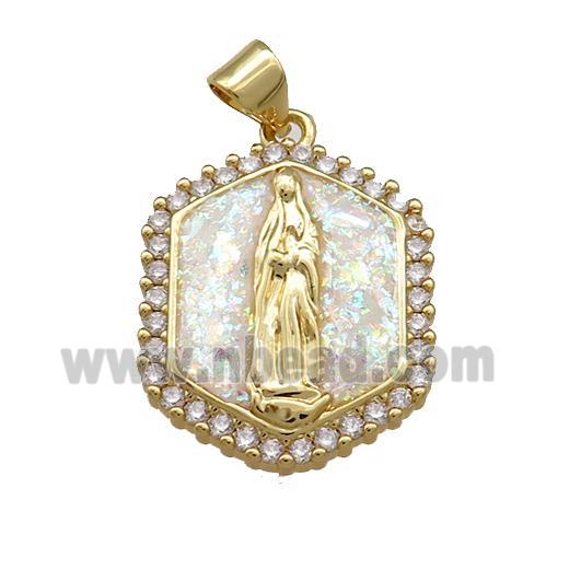 Virgin Mary Charms Copper Hexagon Pendant Pave White Fire Opal Zircon 18K Gold Plated