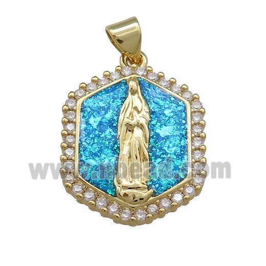 Virgin Mary Charms Copper Hexagon Pendant Pave Blue Fire Opal Zircon 18K Gold Plated
