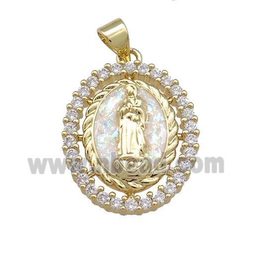 Virgin Mary Charms Copper Oval Pendant Pave White Fire Opal Zircon 18K Gold Plated