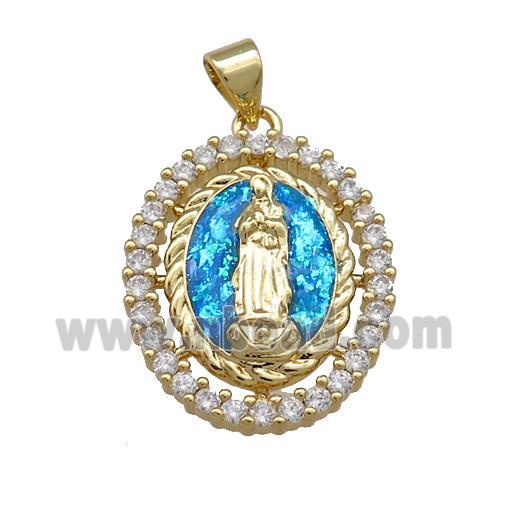 Virgin Mary Charms Copper Oval Pendant Pave Blue Fire Opal Zircon 18K Gold Plated