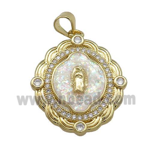 Virgin Mary Charms Copper Oval Pendant Pave White Fire Opal Zircon 18K Gold Plated