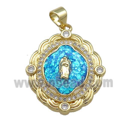 Virgin Mary Charms Copper Oval Pendant Pave Blue Fire Opal Zircon 18K Gold Plated