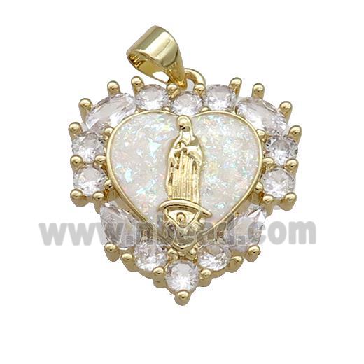 Virgin Mary Charms Copper Heart Pendant Pave White Fire Opal Zircon 18K Gold Plated