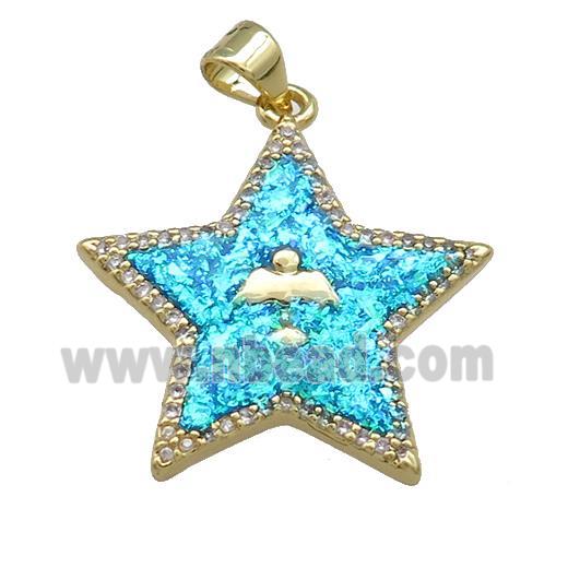 Copper Star Pendant Pave Blue Fire Opal Zircon Angel 18K Gold Plated