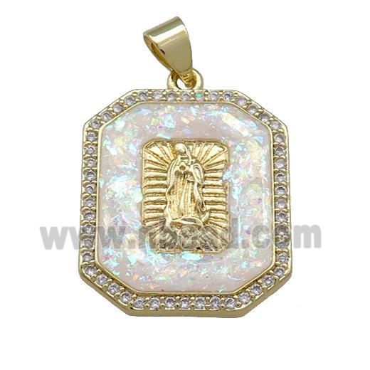 Jesus Charms Copper Rectangle Pendant Pave White Fire Opal Zircon 18K Gold Plated