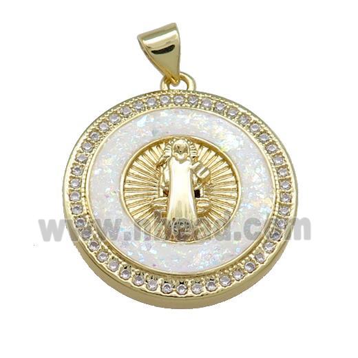 Jesus Charms Copper Circle Pendant Pave White Fire Opal Zircon 18K Gold Plated