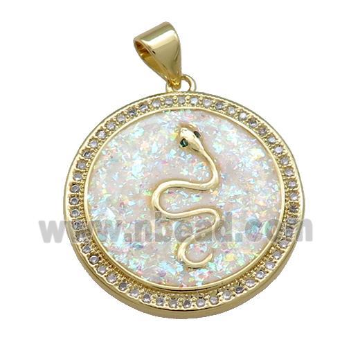 Snake Charms Copper Circle Pendant Pave White Fire Opal Zircon 18K Gold Plated