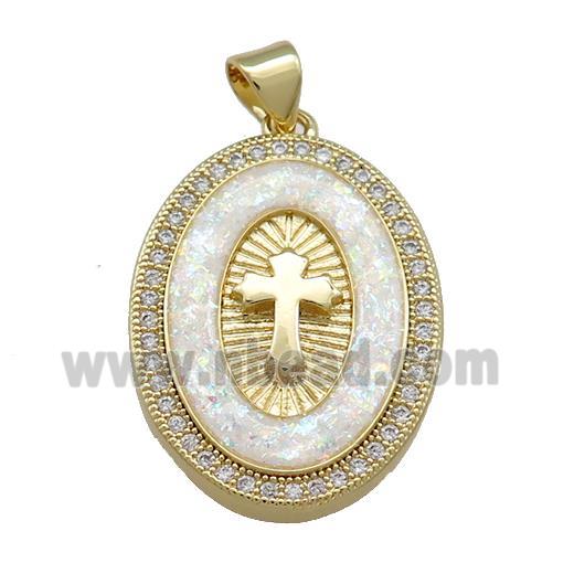 Copper Oval Pendant Pave White Fire Opal Zircon Cross Medal Charms 18K Gold Plated