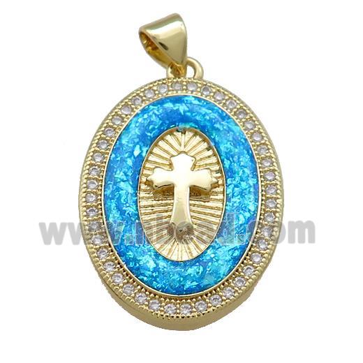 Copper Oval Pendant Pave Blue Fire Opal Zircon Cross Medal Charms 18K Gold Plated