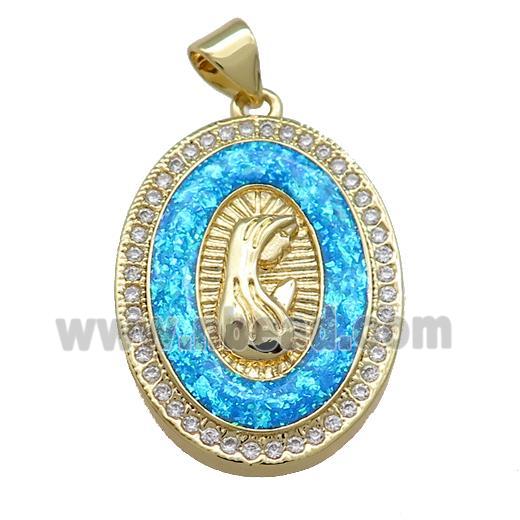 Copper Oval Pendant Pave White Fire Opal Zircon Virgin Mary Medal Prayer Charms 18K Gold Plated