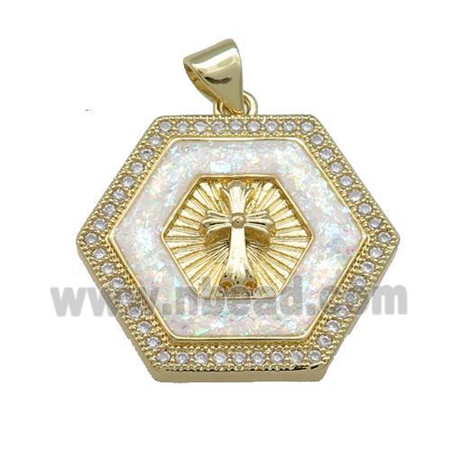 Copper Hexagon Pendant Pave White Fire Opal Zircon Cross 18K Gold Plated
