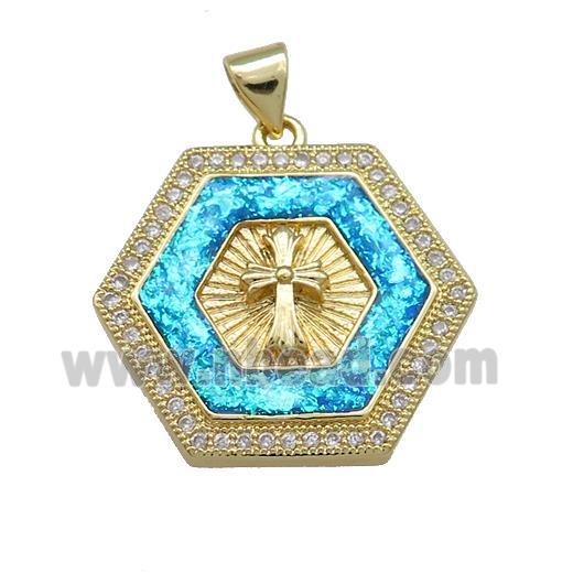 Copper Hexagon Pendant Pave Blue Fire Opal Zircon Cross 18K Gold Plated