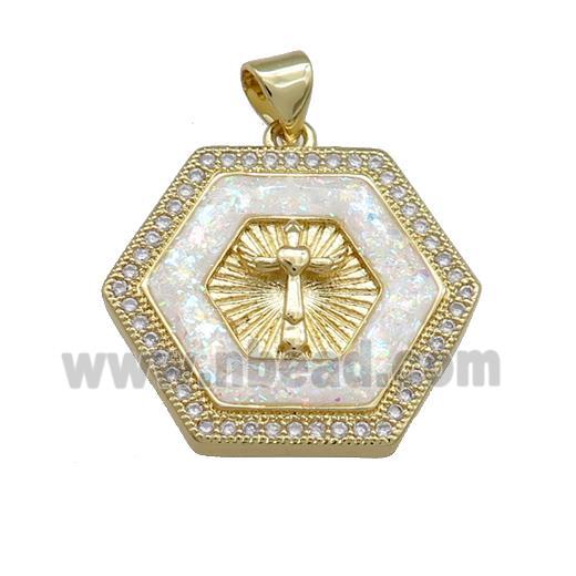 Copper Hexagon Pendant Pave White Fire Opal Zircon Cross Prayer 18K Gold Plated