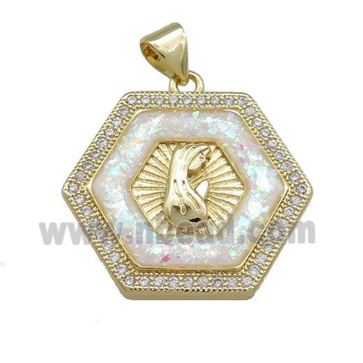 Copper Hexagon Pendant Pave White Fire Opal Zircon Virgin Mary Prayer 18K Gold Plated
