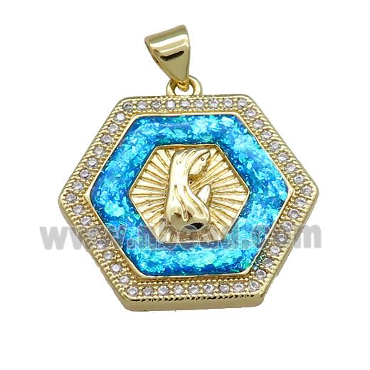 Copper Hexagon Pendant Pave Blue Fire Opal Zircon Virgin Mary Prayer 18K Gold Plated