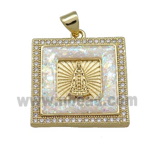 Copper Square Pendant Pave White Fire Opal Zircon Virgin Mary 18K Gold Plated