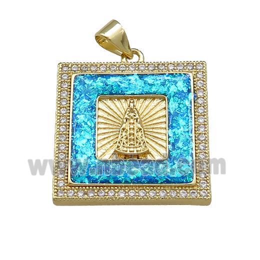 Copper Square Pendant Pave Blue Fire Opal Zircon Virgin Mary 18K Gold Plated
