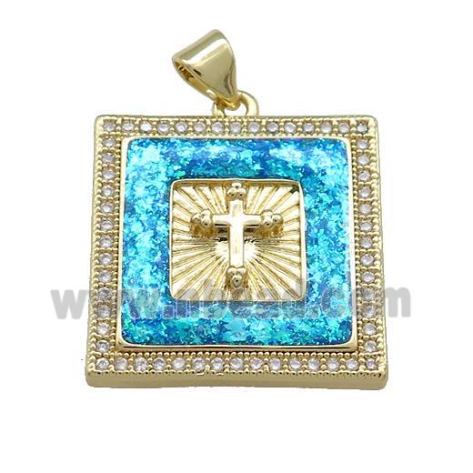 Copper Square Pendant Pave Blue Fire Opal Zircon Cross 18K Gold Plated