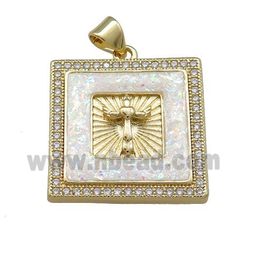 Copper Square Pendant Pave White Fire Opal Zircon Cross 18K Gold Plated