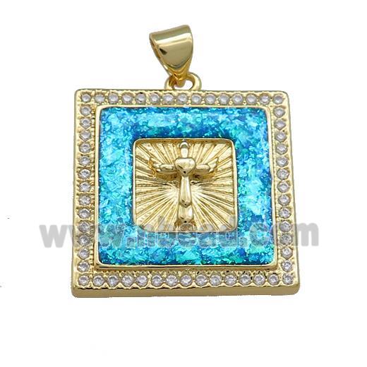 Copper Square Pendant Pave Blue Fire Opal Zircon Cross 18K Gold Plated