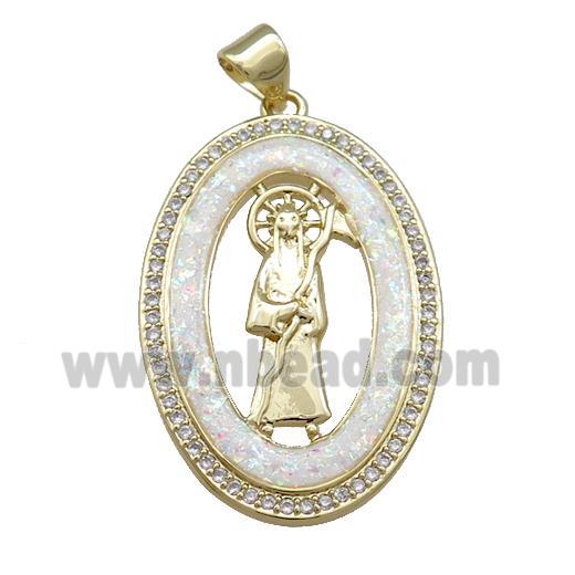 Saint Jude Charms Copper Oval Pendant Pave White Fire Opal Zircon 18K Gold Plated