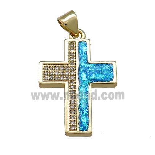 Copper Cross Pendant Pave Blue Fire Opal Zircon 18K Gold Plated