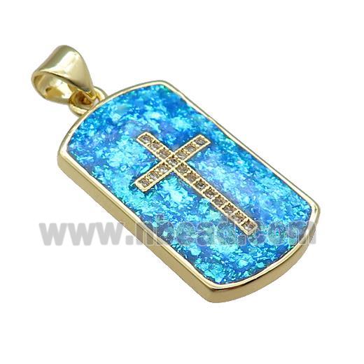 Copper Rectangle Pendant Pave Blue Fire Opal Zircon Cross 18K Gold Plated
