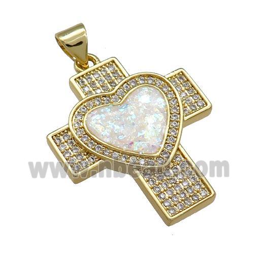 Copper Cross Pendant Pave White Fire Opal Zircon Heart 18K Gold Plated