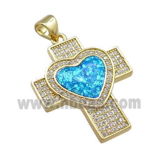 Copper Cross Pendant Pave Blue Fire Opal Zircon Heart 18K Gold Plated
