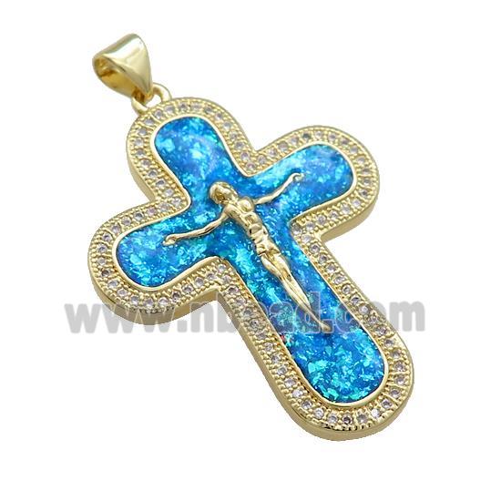 Copper Cross Pendant Pave Blue Fire Opal Zircon Jesus 18K Gold Plated