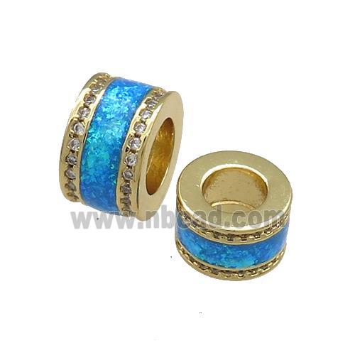 Copper Tube Beads Pave White Blue Opal Large Hole 18K Gold Plated