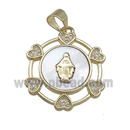 Copper Circle Pendant Pave Shell Zircon Heart Virgin Mary 18K Gold Plated