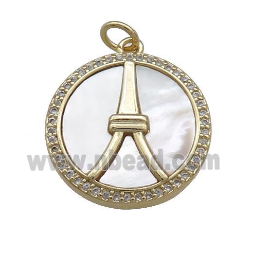 Copper Circle Pendant Pave Shell Zircon Eiffel Tower 18K Gold Plated