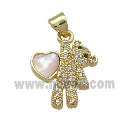 Copper Bear Pendant Pave Shell Heart Zircon 18K Gold Plated