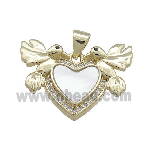 Copper Heart Pendant Pave Shell Zircon Double Birds 18K Gold Plated