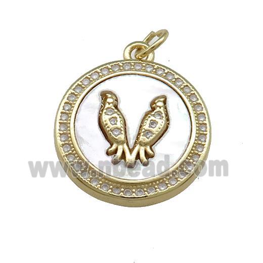 Copper Circle Pendant Pave Shell Zircon Double Birds 18K Gold Plated
