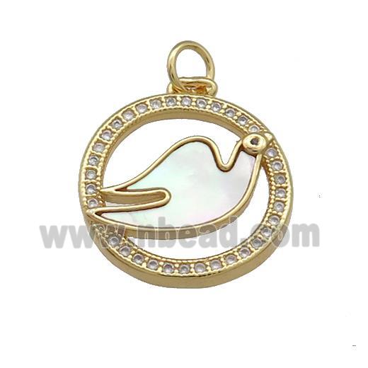 Copper Doves Birds Pendant Pave Shell Zircon Circle 18K Gold Plated