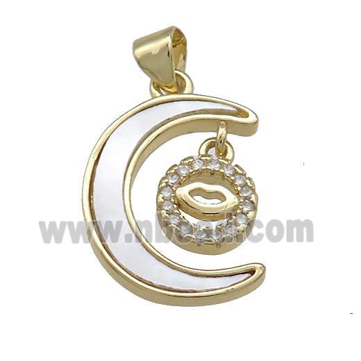 Copper Moon Pendant Pave Shell Zircon Lips 18K Gold Plated