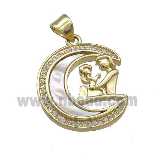 Copper Moon Pendant Pave Shell Zircon Couple 18K Gold Plated