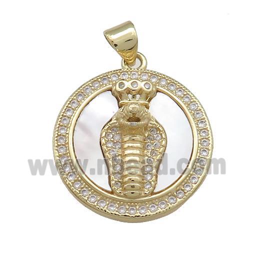 Cobra Snake Charms Copper Circle Pendant Pave Shell Zircon 18K Gold Plated