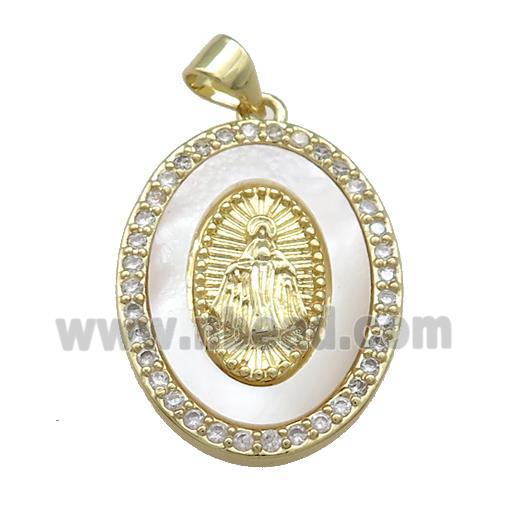 Virgin Mary Copper Oval Pendant Pave Shell Zircon Religious 18K Gold Plated