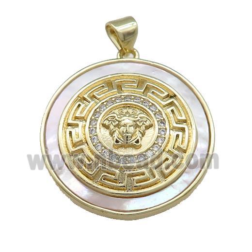 Lion Charms Copper Circle Pendant Pave Shell Zircon Circle 18K Gold Plated