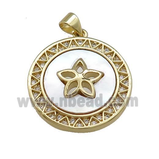 Copper Circle Pendant Pave Shell Zircon Flower 18K Gold Plated