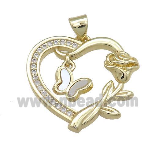 Copper Heart Pendant Pave Shell Zircon Butterfly 18K Gold Plated
