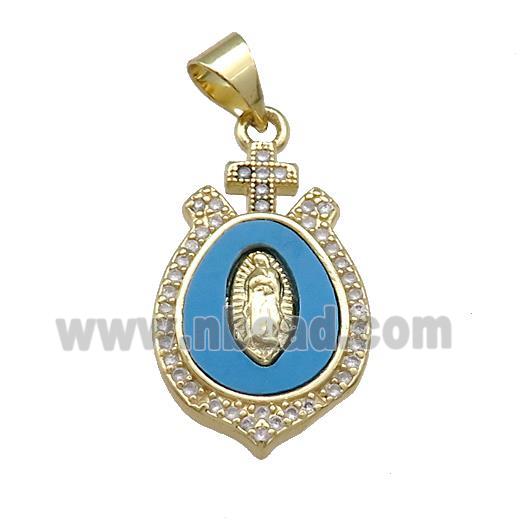 Virgin Mary Charms Copper Pendant Pave Blue Shell Zircon 18K Gold Plated