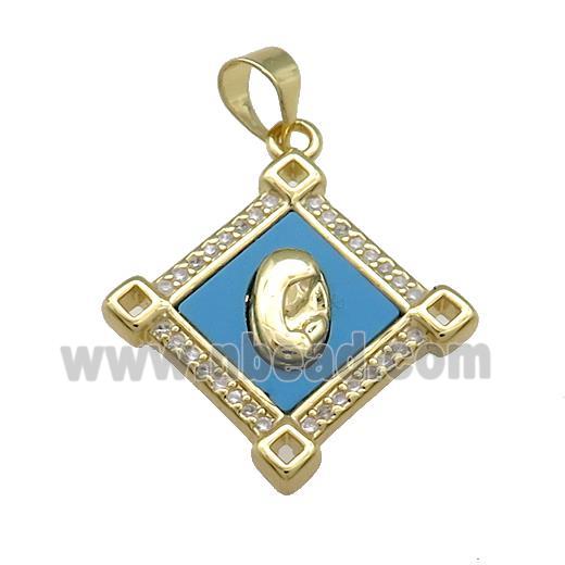 Virgin Mary CHarms Copper Square Pendant Pave Blue Shell Zircon 18K Gold Plated